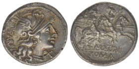 ROM Republik M. Attilus Saranus 148 BC

Denar
Romakopf nach rechts / Die Dioskuren nach rechts galoppierend
3,75 Gramm, ss/vz