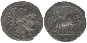 ROM Republik L.Thorius Balbus 104 v.Chr.
Denar

Kopf der Juno Sospita mit Ziegenfell ISMR
Stier nach rechts springend, oben Kontrollmarke D, unten 
L....