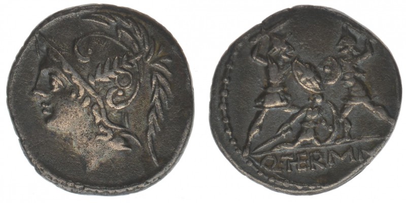 ROM Republik Consularmünze
Minucia 104-84 BC

Denar
Marskopf nach links / Kampfs...