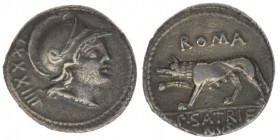 ROM Republik P.Satrieno S. 77 BC

Denar
Romakopf nach rechts / Wölfin
Sear 319, 3,37 Gramm, ss/vz