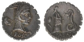 ROM Republik L.Roscius Fabatus 62 BC

Denar 
Kopf der Juno Sospita mit Ziegenfell nach rechts / Mädchen nach rechts stehend, davor aufgerichtete Schla...