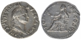 ROM Kaiserzeit Vespasianus 69-79
Denar
IMP CAESAR VESPASIANVS AVG / PONTIF TR P COS VI
3,39 Gramm, ss