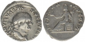 ROM Kaiserzeit Vespasianus 69-79
Denar 
IMP CAESAR VESPASIANVS AVG / PON MAX TR P COS VI
Pax nach links sitzend
RIC 90, Kampmann 20.57.1 3,25 Gramm ss