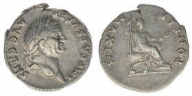 ROM Kaiserzeit Vespasianus 69-79
Denar

IMP CAES VESP AVG CENS / PONTIF MAXIM
Kaiser nach rechts sitzend
RIC 65, 3,30 Gramm, ss+