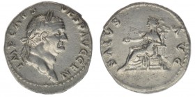 ROM Kaiserzeit Vespasianus 69-79
Denar

IMP CAES VESP AVG CEN / SALVS AVG
Salus nach links sitzend
RIC 67, 3,33 Gramm, ss/vz