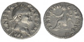 ROM Kaiserzeit Vespasianus 69-79
Denar 
IMP CAES VESP AVG P M / TRI POT II COS III P P
Pax nach links sitzend
RIC 39, Kampmann 20.65 3,08 Gramm ss+