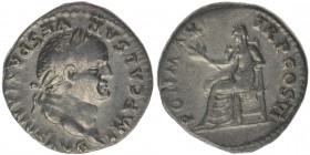 ROM Kaiserzeit Vespasianus 69-79
Denar 
IMP CAESAR VESPASIANVS AVG / PON MAX TR P COS VI
Pax nach links sitzend, mit der Rechten einen Zweig haltend
R...