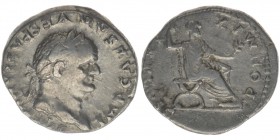 ROM Kaiserzeit Vespasianus 69-79
Denar 
IMP CAESAR VESPASIANVS AVG / PON MAX TR P COS V
Vespasianus nach rechts sitzend
RIC 77 , Kampmann 20.56.2 2,79...