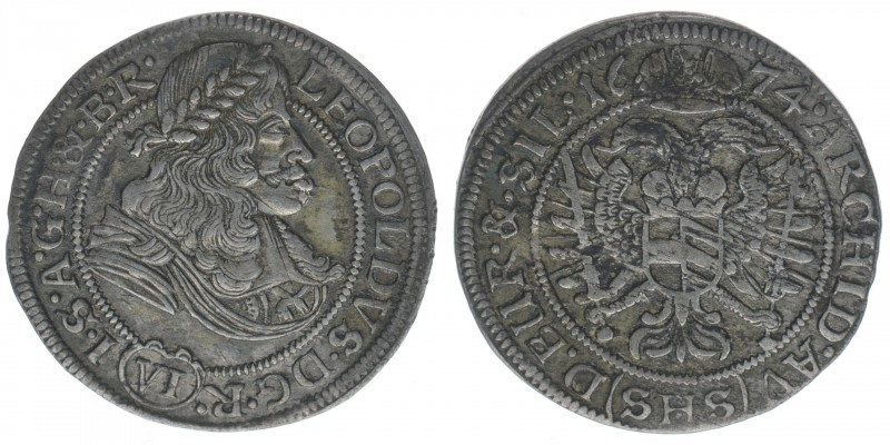 RDR  Österreich Habsburg  Kaiser Leopold I.
6 Kreuzer 1674 SHS Breslau
3,19 Gram...