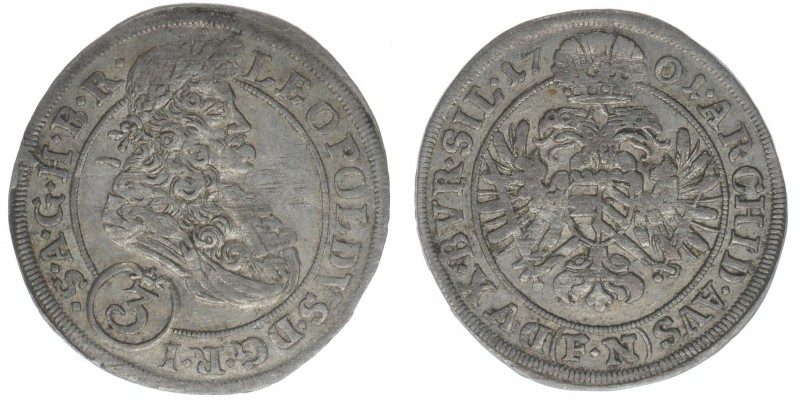 RDR  Österreich Habsburg  Kaiser Leopold I.

3 Kreuzer 1701 FN Oppeln
1,63 Gramm...