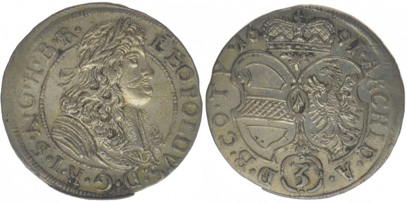 RDR Österreich Habsburg Kaiser Leopold I

3 Kreuzer (Groschen) 1691 Hall
1,56 Gr...