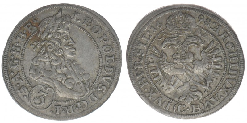 RDR  Österreich Habsburg  Kaiser Leopold I.
3 Kreuzer 1698 CB Brieg

1,67 Gramm,...