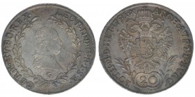 RDR Habsburg Österreich Kaiser Leopold II 

20 Kreuzer 1791 G
6,66 Gramm, ss/vz