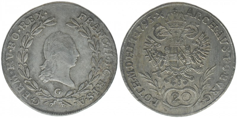 RDR Österreich Habsburg Kaiser Franz II.
20 Kreuzer 1793 G
6.56 Gramm, vz
