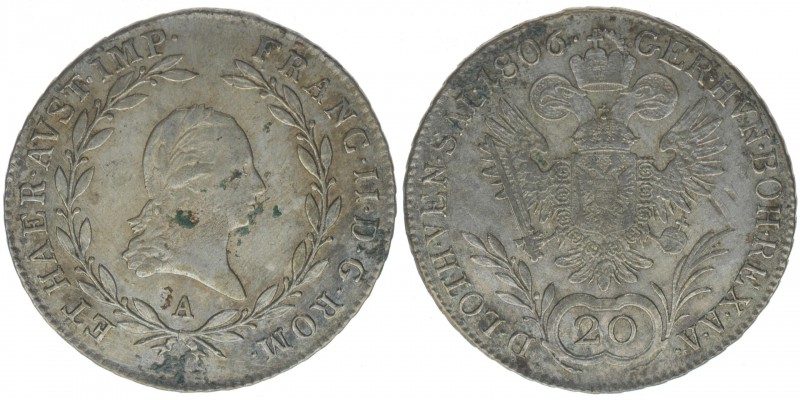 RDR Österreich Habsburg Kaiser Franz II.
20 Kreuzer 1806 A
6.54 Gramm, ss/vz