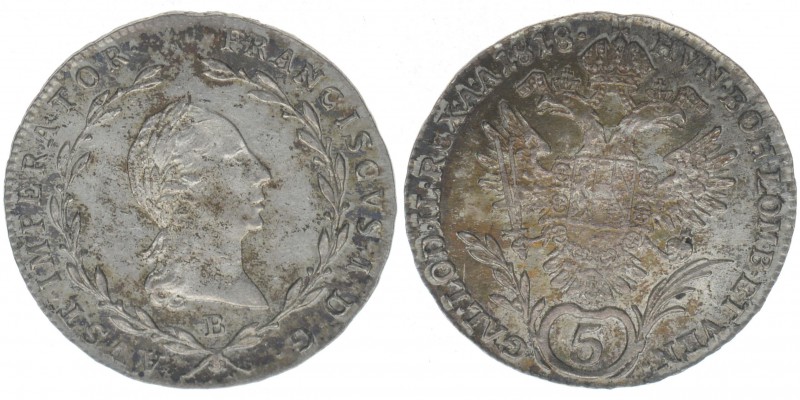 KAISERTUM ÖSTERREICH Kaiser Franz I.
5 Kreuzer 1818 B
2,21 Gramm, vz++