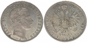 KAISERTUM ÖSTERREICH Kaiser Franz Joseph I.
1 Gulden 1862 A
12,37 Gramm, vz/stfr