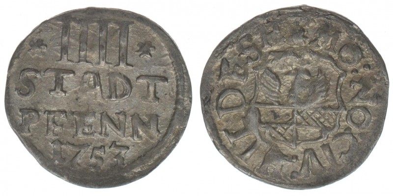 RDR deutsche Gebiete Hildesheim

4 Stadtpfennige 1753
0,78 Gramm, vz