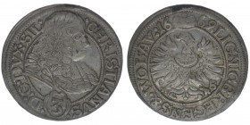 RDR Christian 1664-1672 alleiniger Herzog von Liegnitz-Brieg

3 Kreuzer 1669
1,76 Gramm, ss/vz entfernter Henkelbzw. Feilspur auf 12 Uhr