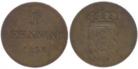 BAYERN 1 Pfennig 1835
AKS 93, 1.31 Gramm, vz+
vgl. Auktion Grün 61,1867 $ 464,00