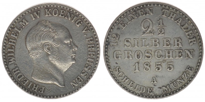 PREUSSEN Friedrich Wilhelm IV. 1840-1861
2 1/2 Silbergroschen 1855 A
AKS 84, 3,2...