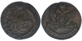 Rußland Katharina II.
5 Kopeken 1794 AM
Kupfer, 51,02 Gramm, -vz