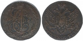 Rußland Katharina II. 
5 Kopeken 1791 EM
Kupfer, 58.82 Gramm, ss/vz