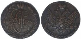 Rußland Katharina II.

5 Kopeken 1796 EM
Kupfer, 50.05 Gramm, vz