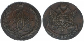 Rußland Katharina II.

5 Kopeken 1795 AM
Kupfer, 52.04 Gramm, vz
