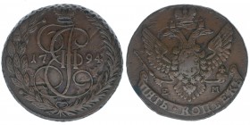 Rußland Katharina II.
5 Kopeken 1794 EM
ss+
Kupfer
51.11.g