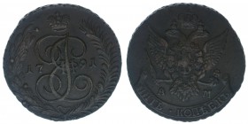 Rußland Katharina II.
5 Kopeken 1791 AM

ss++
Kupfer
51.76g
