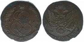 Rußland Katharina II.

5 Kopeken 1781 EM
Kupfer, 47.22 Gramm, vz