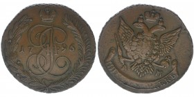 Rußland Katharina II.

5 Kopeken 1796 AM
Kupfer, 51,14 Gramm, ss+