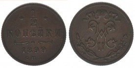 Rußland Nikolaus II.
1/2 Kopeke 1899
Kahnt/Schön 138, 1,71 Gramm, vz