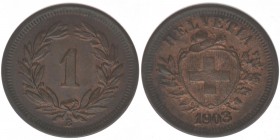 Schweiz Eidgenossenschaft

1 Rappen 1903
Kupfer, 1.45 Gramm, -vz