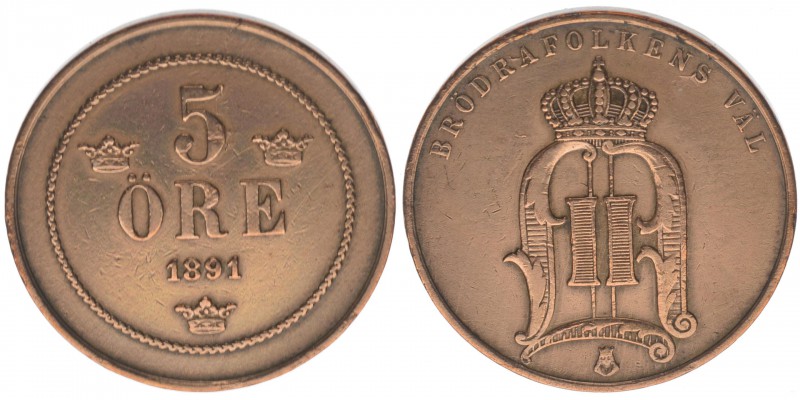 Schweden Oskar II.

5 Öre 1891
Bronze, 7.95 Gramm, -vz