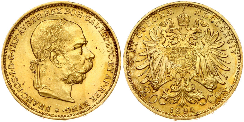 Austria. Franz Joseph I (1848-1916). 20 Corona 1894. Gold 6.77 g. KM 2806.