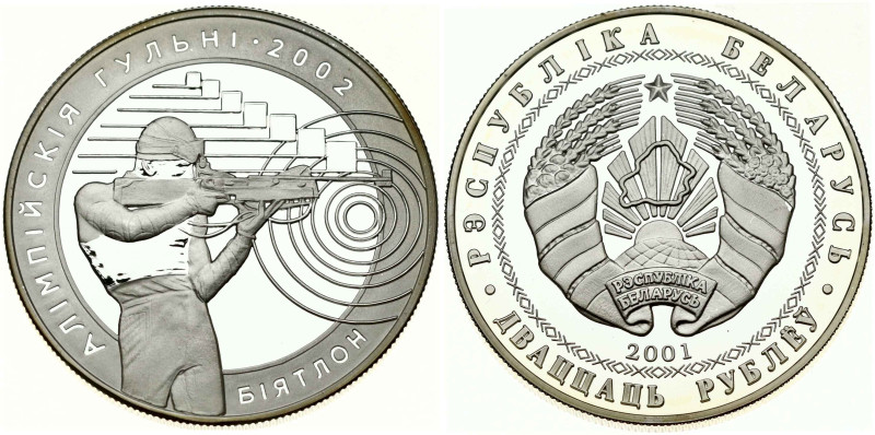 Belarus. 20 Roubles 2001 Biathlon, Winter Olympics 2002. Silver .925, 28.29 g. K...