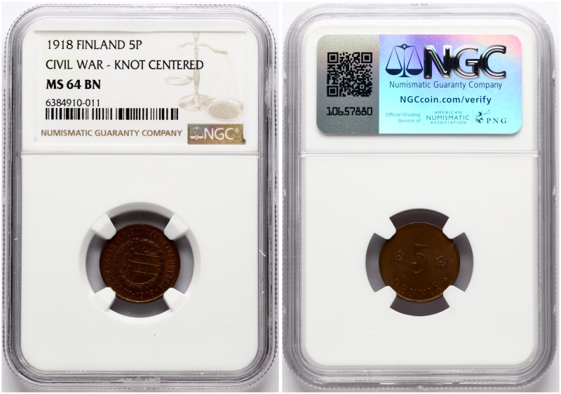 Finland. 5 Pennia 1918, Civil War Coinage. Copper. KM 21. NGC MS 64 BN. Only 3 c...