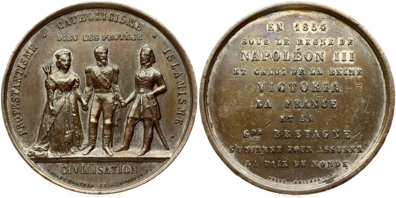 France. Medal 1854, Crimean War. Medal by Caque. Averse: Victoria, Napoleon, and...