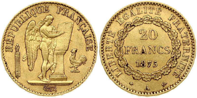 France. 20 Francs 1875 A. Gold 6.43 g. Fr. 592, KM- 825.