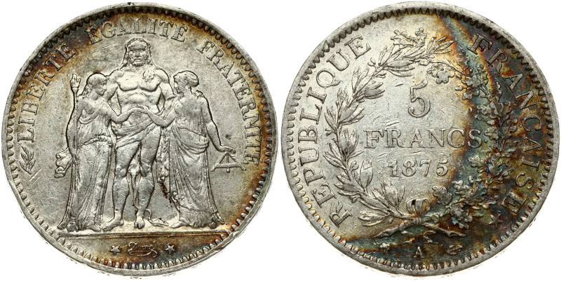 France 5 Francs 1875A Obverse: Hercules group. Reverse: Denomination within wrea...