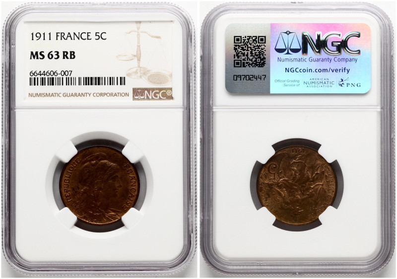 France. 5 Centimes 1911. Bronze. KM 842. NGC MS 63 RB. Only 1 coin in higher gra...