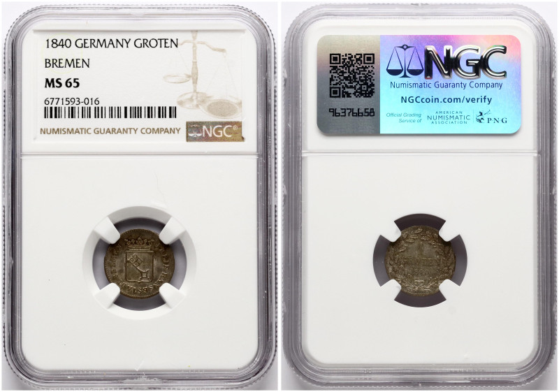 Germany, Bremen. 1 Groten 1840. Billon. KM 230. NGC MS 65. Only 3 coins in highe...