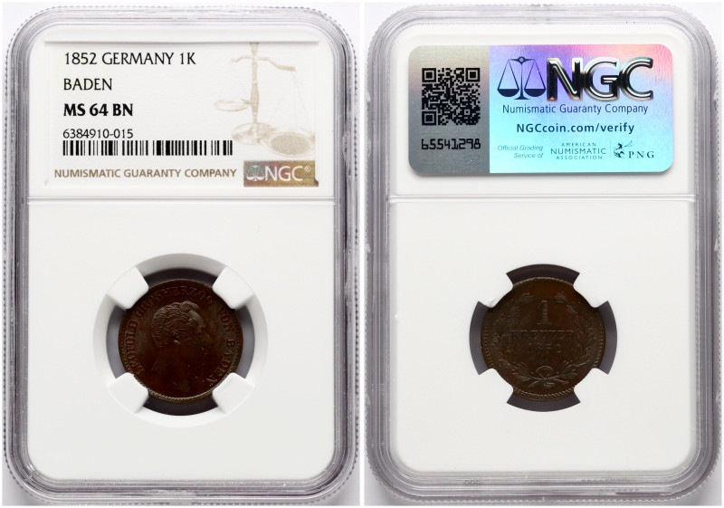 Germany, Baden. Leopold I (1830-1852). 1 Kreuzer 1852. Copper. KM 218. NGC MS 64...