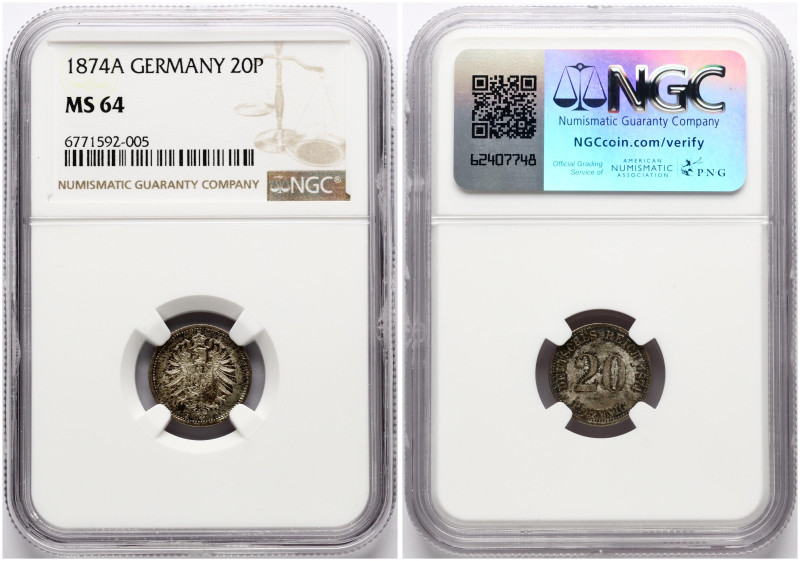 Germany. Wilhelm I (1871-1888). 20 Pfennig 1874 A. Silver. KM 5. NGC MS 64. Only...