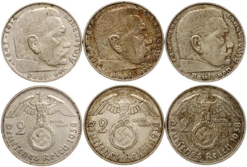 Germany, Third Reich. 2 Reichsmark 1938, Paul von Hindenburg. 1938 D, 1938 F, 19...