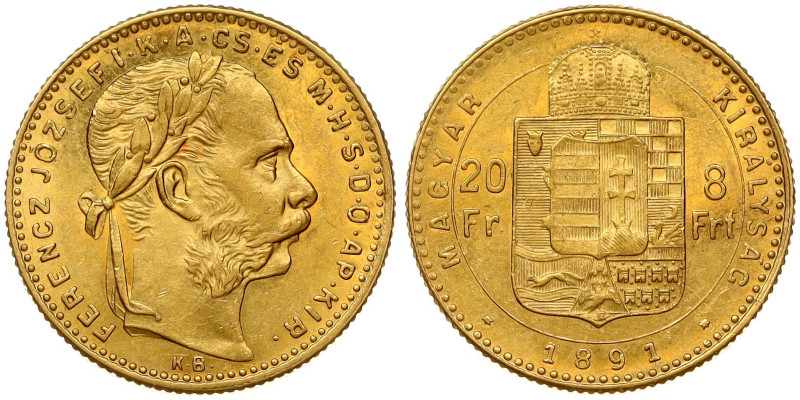 Hungary. Franz Joseph I (1848-1916). 20 Francs / 8 Forint 1891 KB. Gold 6.44 g. ...