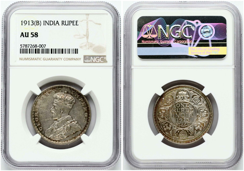 British India. George V (1910-1936). 1 Rupee 1913 B. Silver. KM-524. NGC AU 58