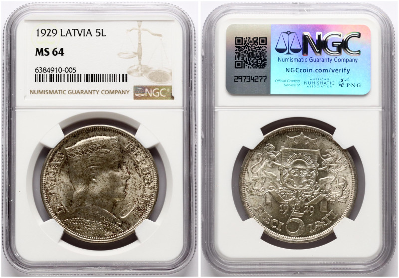 Latvia. 5 Lati 1929. Silver. KM 9. NGC MS 64. Only 1 coin in higher grade.